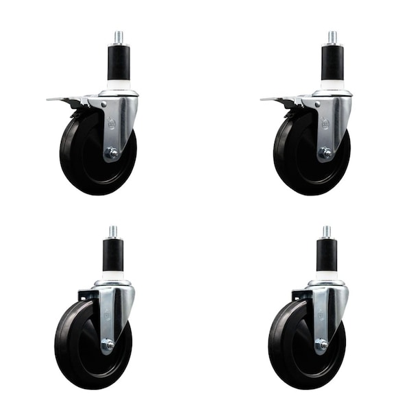 5'' Hard Rubber Swivel 1-3/8'' Expand Stem Caster Set 2 Total Lock Brakes, 4PK